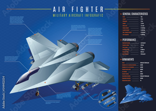 Air Fighter Military Aircraft Air Force horizontal infografic of isometric icons with text vector illustration on isolated deep blue background