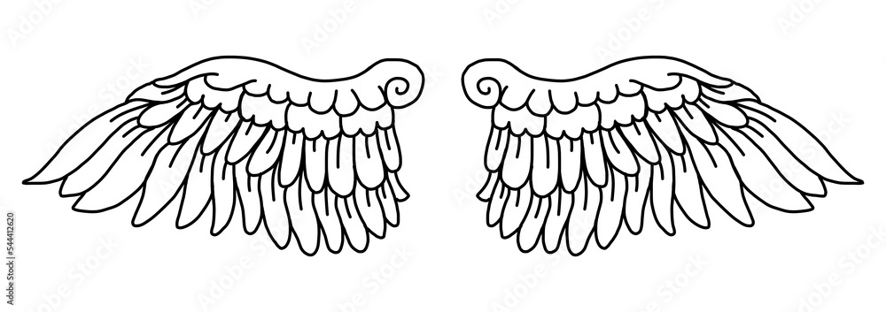 Angel Wings Hand drawn doodle, Feather wings colouring page, line art ...
