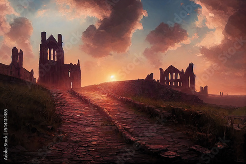 AI generated image of a dramatic Sunset at Whitby abbey 199 steps, UK photo