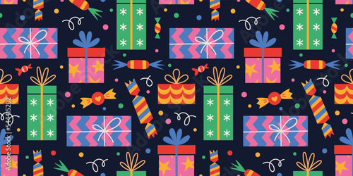 Holiday seamless pattern with different gift boxes, cartoon style. Christmas, birthday print in vibrant colors on a dark background. Trendy modern vector illustration, hand drawn, flat