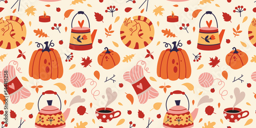 Autumn seamless pattern with cute cozy elements on a light background, cartoon style. Trendy modern vector illustration hand drawn, flat