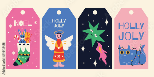Fototapeta Naklejka Na Ścianę i Meble -  Christmas and New Year gift tags and cards. Winter cozy elements, cartoon style. Trendy modern vector illustration, flat
