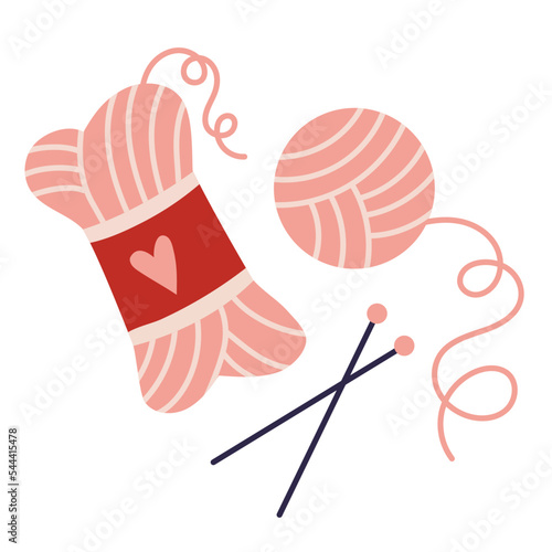 Yarn, ball of thread and knitting needles, cartoon style. Trendy modern vector illustration isolated on white background, hand drawn, flat