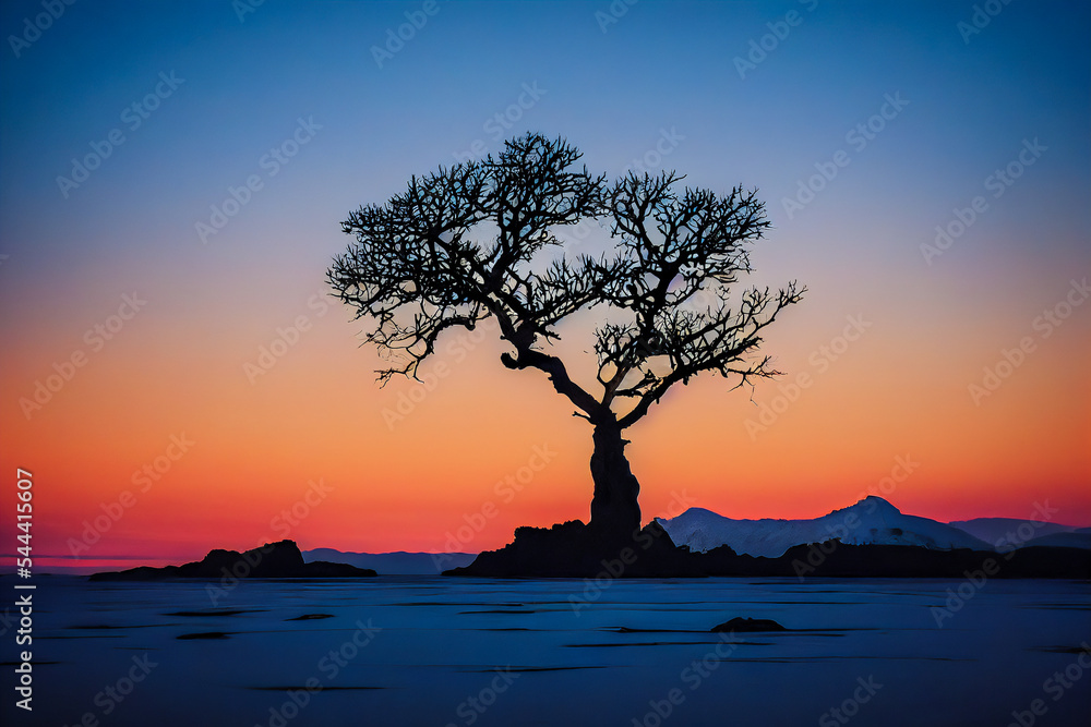 A picturesque landscape with a solitary tree in winter. The scene is filled with snow and ice, and there's a bright sky with a beautiful sunset in attendance. A picturesque landscape with a solitary tree in winter. The scene is filled with snow and ice, and there's a bright sky with a beautiful sunset in attendance.