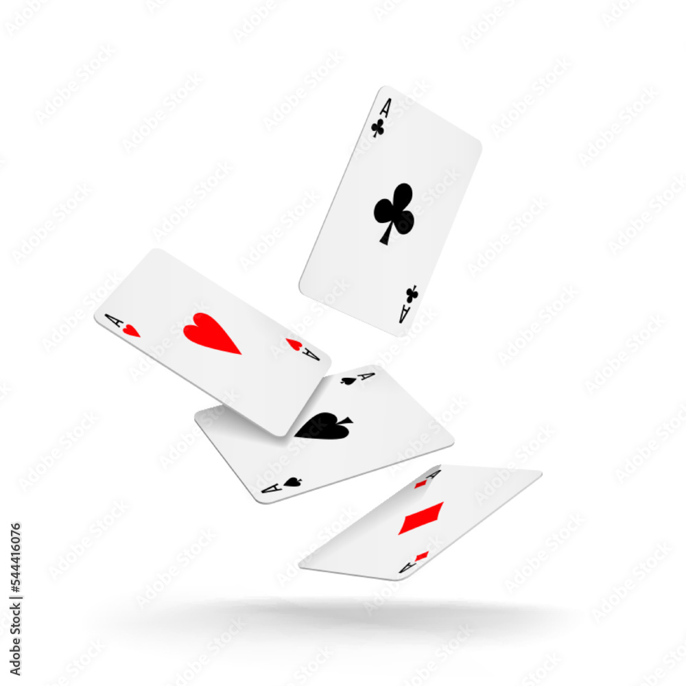 Four aces of diamonds, clubs, spades and hearts fall or fly on white background. Four aces of diamonds, clubs, spades and hearts fall or fly on white background.