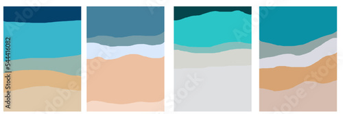 Collection of modern simple minimalist abstractions - sandy beach and sea (top view). Or the bottom of the ocean. Geometric shapes are hand-drawn on a colored background