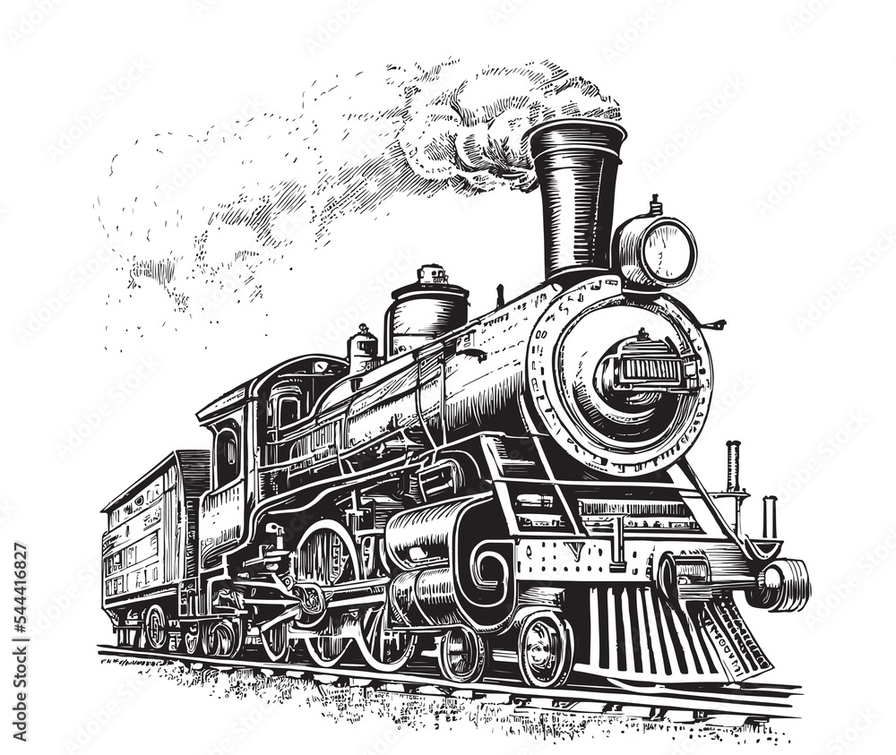 Steam locomotive old retro sketch hand drawn side view.Vector illustration. - obrazy, fototapety, plakaty 