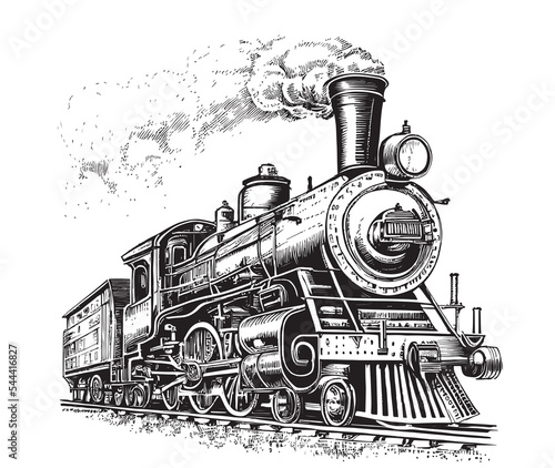 Obraz na plátně Steam locomotive old retro sketch hand drawn side view