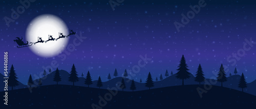 Santa is flying through the night sky under the Christmas forest. Santa sleigh driving over the moon in the night. Eps 10. Christmas Background or Banner.