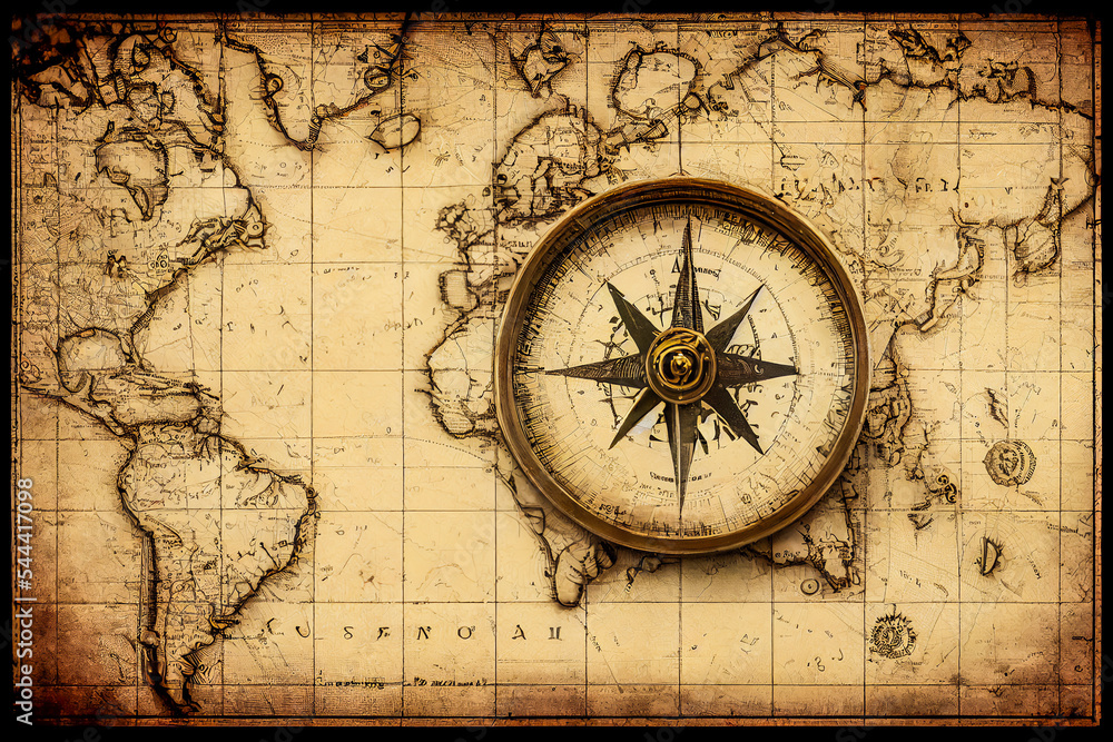 Antique and vintage compass placed on an antique map. Background for design related to the history of objects and the geography of the world. Ideal for antique dealer or historian.