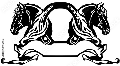 two heads of horses in profile. Silhouette. Logo, banner, emblem with horseshoe and ribbon scroll. Black and white side view vector