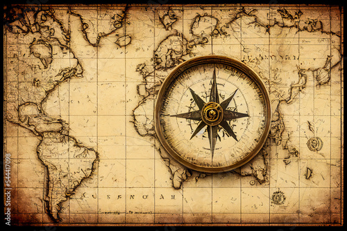 Antique and vintage compass placed on an antique map. Background for design related to the history of objects and the geography of the world. Ideal for antique dealer or historian. photo