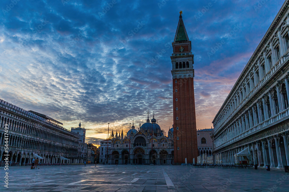 St. Mark's Square with Campanile at Sunrise in Venice in Italy