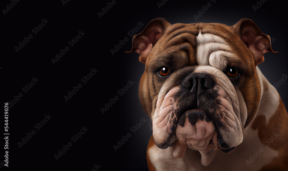 Adorable Bulldog  on dark background, space for text. Portrait of a English Bulldog. Cute dog. Digital art
