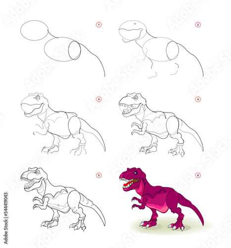 How to draw tyrannosaurus. Educational page for children. Creation step by step prehistoric animal illustration. Printable worksheet for kids school exercise book. Online education. Vector drawing.