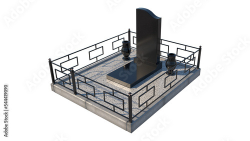 3D Grave with fence and black granite tombstone isolated on white transparent background.