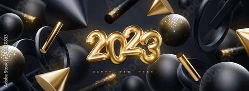 Golden 2023 numbers with flowing black and gold geometric 3d shapes. Vector festive illustration. Happy New 2023 Year. Festive poster or banner design. Party invitation