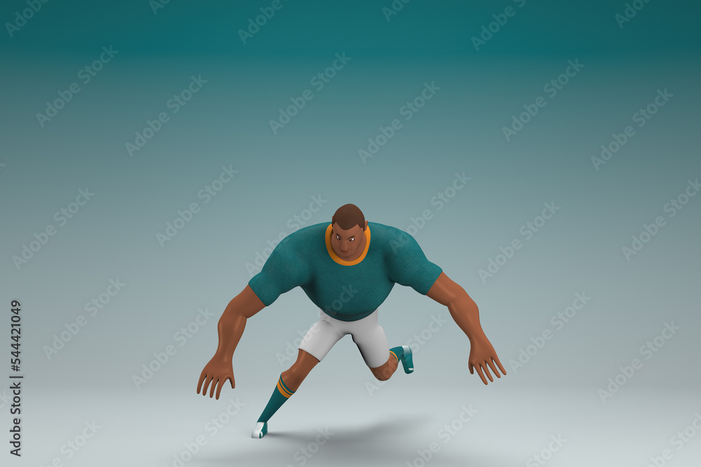 An athlete wearing a green shirt and white pants. He is doing exercise. 3d rendering of cartoon character in acting. An athlete wearing a green shirt and white pants. He is doing exercise. 3d rendering of cartoon character in acting.