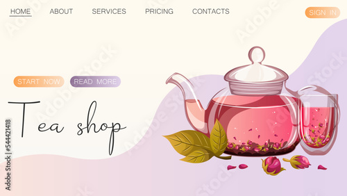 Glass teapot,cup of rose floral tea,rosebuds and leaves. Tea shop, Tea, Tea house, drink, beverages concept. Vector illustration for poster, banner, website, advertising.