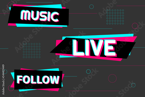 Music - Follow - Live. Background in the style of the social network. Dark modern digital background. Vector illustration