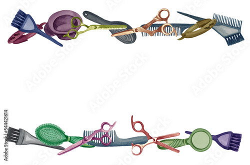 Watercolor seamless border with barber and hairdressing tools. Transparent layer.