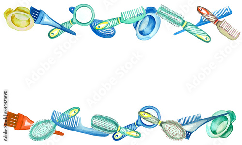 Watercolor seamless border with barber and hairdressing tools. Transparent layer.