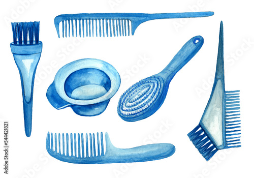 Watercolor set with barber and hairdressing tools. Transparent layer.