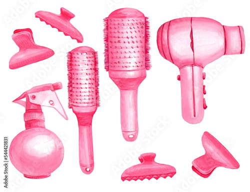 Watercolor set with barber and hairdressing tools. Transparent layer.