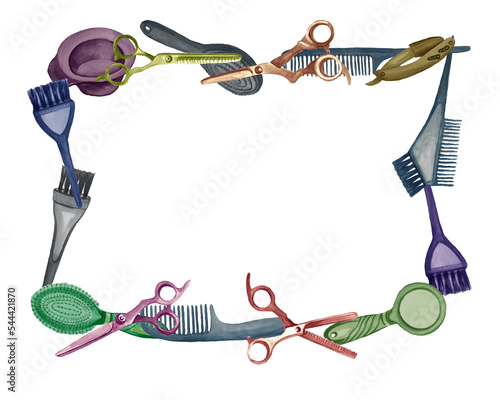 Watercolor frame with barber and hairdressing tools. Transparent layer.