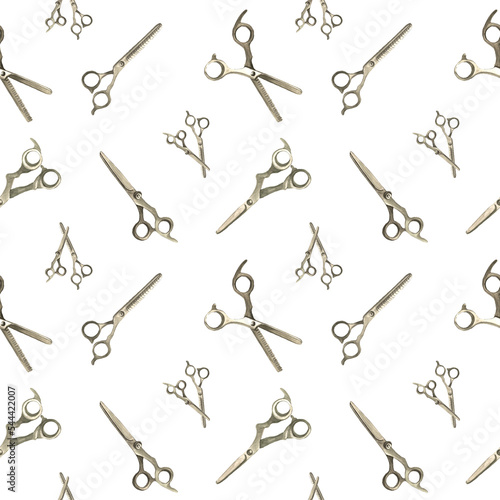 Watercolor seamless pattern with barber and hairdressing tools. Transparent layer.