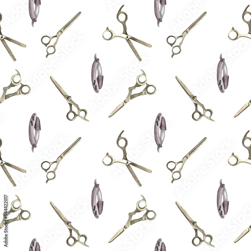 Watercolor seamless pattern with barber and hairdressing tools. Transparent layer.