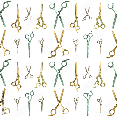 Watercolor seamless pattern with barber and hairdressing tools. Transparent layer.