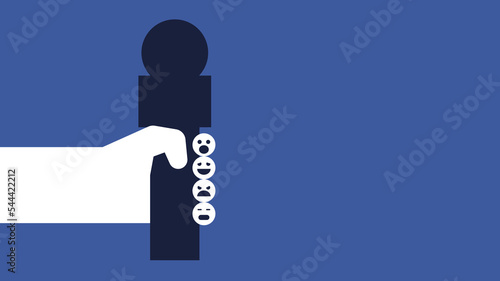A human hand with emoticons instead of fingers holds a microphone. Breaking news concept vector illustration.