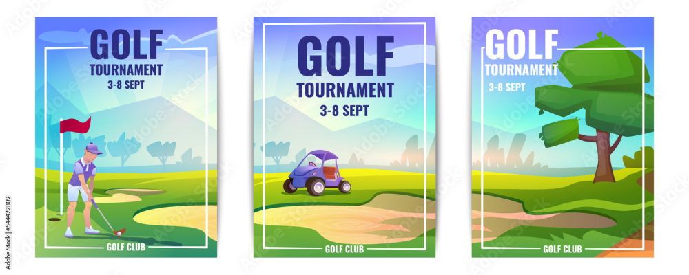 Vector cartoon flyers or golf tournament posters with player man. Golfer person with putter and white ball, car, grass, tee and flag. Advertising sport competition vertical banners with sand bunker. Vector cartoon flyers or golf tournament posters with player man. Golfer person with putter and white ball, car, grass, tee and flag. Advertising sport competition vertical banners with sand bunker.