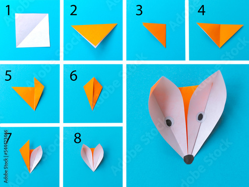 Step by step photo instruction how to make origami paper fox. Simple diy with kids children's concept.