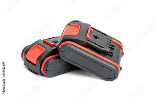 Lithium Batteries for Black Screwdriver Cordless Drill with Red Decorative Design Inserts Close-Up on White Background