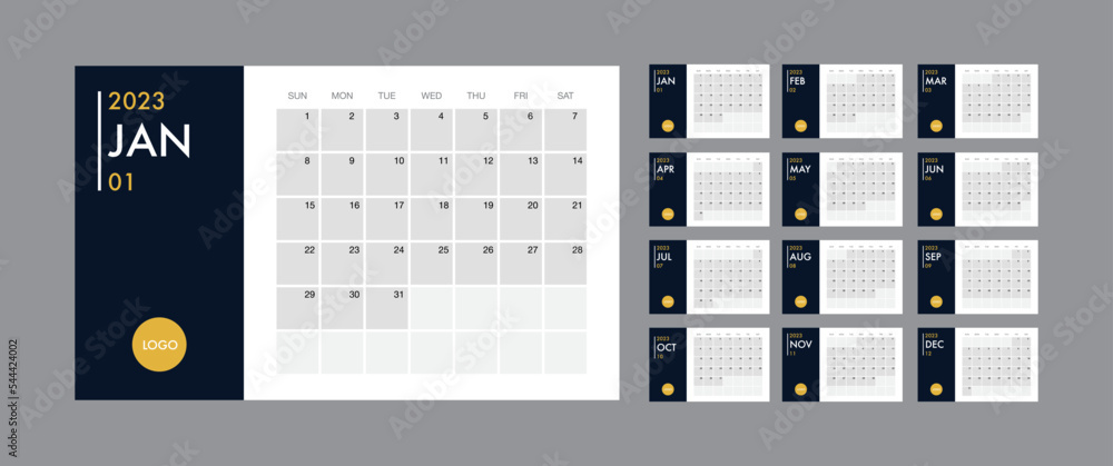 Calendar template for 2023 year. Planner diary in a minimalist style. Corporate and business calendar. 2023 calendar in minimal table and blue and yellow color event planner, Week Starts Sunday Calendar template for 2023 year. Planner diary in a minimalist style. Corporate and business calendar. 2023 calendar in minimal table and blue and yellow color event planner, Week Starts Sunday