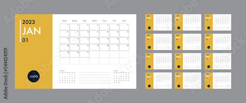 Calendar template for 2023 year. Planner diary in a minimalist style. Corporate and business calendar. 2023 calendar in minimal table and blue and yellow color event planner, Week Starts Sunday