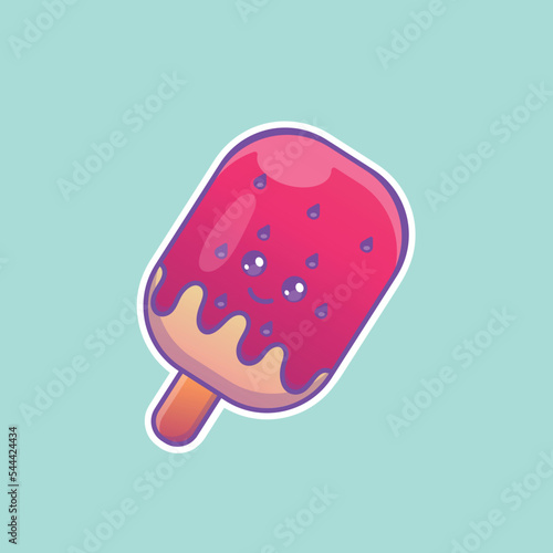 Cute cartoon ice cream with pink icing in vector. Isolated food vector. Flat cartoon style