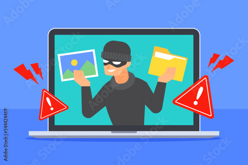 Hacker inside laptop holding image file and document folder icon. Concept of computer security, data breach, cybercrime, ransomware, or malware. Cartoon flat vector. Technology threat illustration.