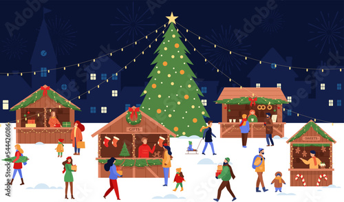 Christmas market. Vector illustration of festival stand and wooden kiosk with people, pine tree, sweets, gifts. Winter holiday fairs decorating fir-tree branches, garlands. Traditional marketplace