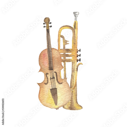 Sticker Hand drawn illustration of violin and trumpet in watercolor on white background