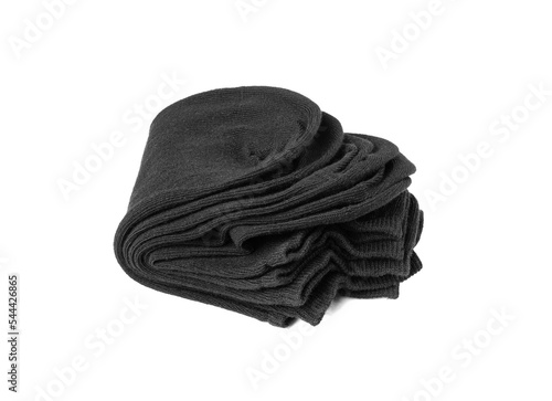 New Black Cotton Sock Isolated. Folded Sportswear, Classic Unisex Cotton Socks on White Background
