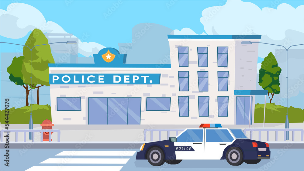 Police department building exterior concept in flat cartoon design. Modern police building, patrol car on road, city street with trees and cross walking. Illustration horizontal background