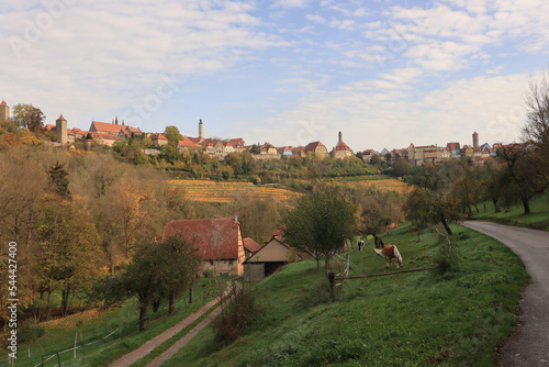 Goldener Oktober im Taubertal; Blick auf Rothenburg von der Lukasrödermühle