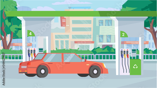 Car at gas station concept in flat cartoon design. Station exterior, refueling facility service, city street with trees. Urban infrastructure, transportation. Illustration horizontal background