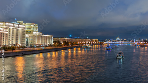 View of the Ministry of Defence of Russian Federation, and Moscow river embankment at summer night © Dmitrii Potashkin