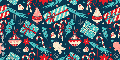 Nostalgia Christmas and Happy New Year wallpaper, background wrapping paper, fabric. Vector design template. Seamless backdrop with Christmas toys and gifts. with trendy retro style.