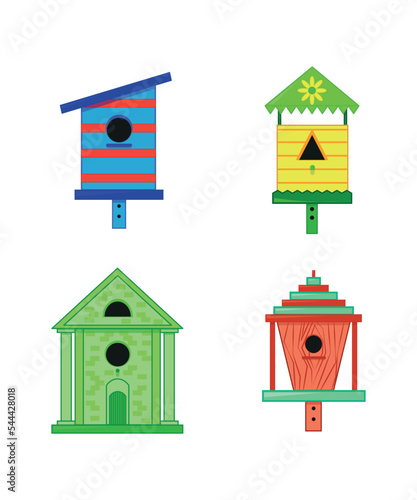 Collection of colorful bird houses. Lovely birdhouses.