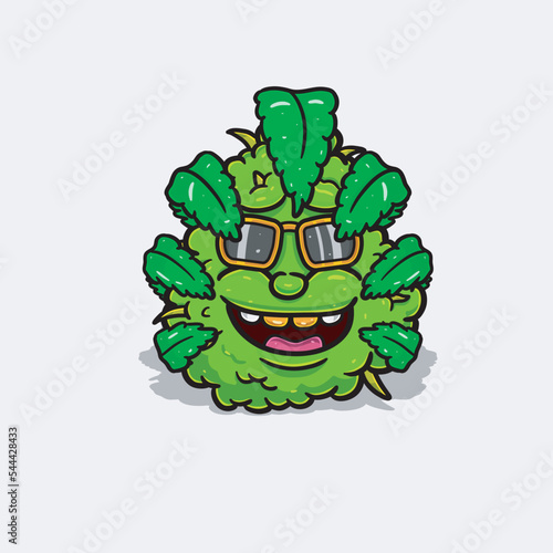 Weed Cartoon With Glass and Covered in Cannabis Leaves.